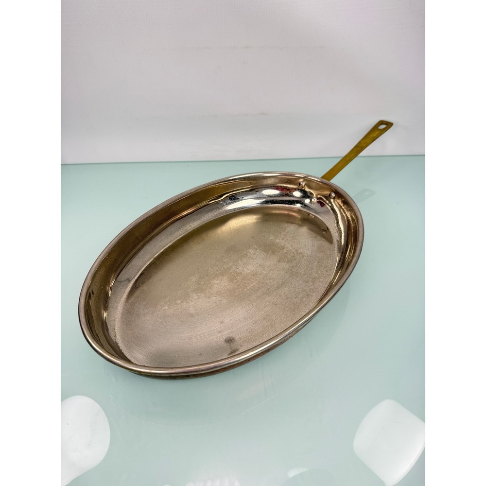 Vintage Korean Copper Au Gratin Pan Oval 12" Brass Handle Tin Lined French Style
